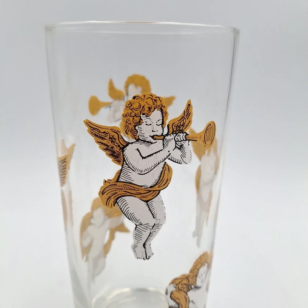 Vintage Culver Tall Cooler Barware Glasses Cherubs & Stars Set of 2 Made In USA
